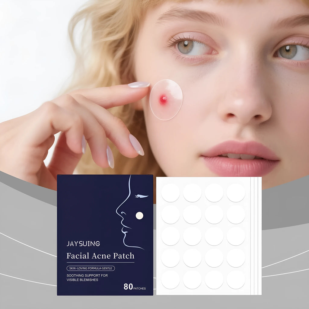 Pack of 80 hydrocolloid facial acne patches for pimple treatment.