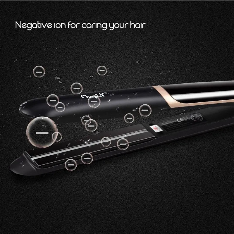 Black ceramic tourmaline negative ion hair straightener curler with LED display and 31cm plate