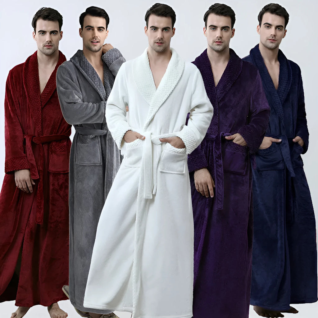 Men's winter coral fleece cardigan nightgown in gray, long sleeves, soft flannel knit for warm sleep