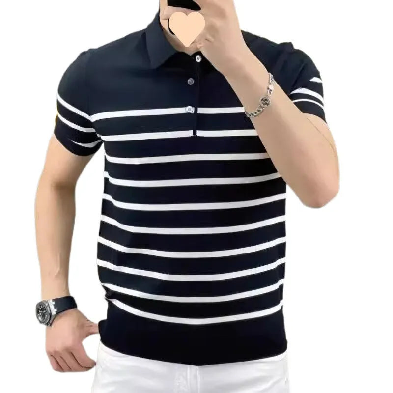 Man wearing a black and white striped knitted t-shirt with a lapel collar