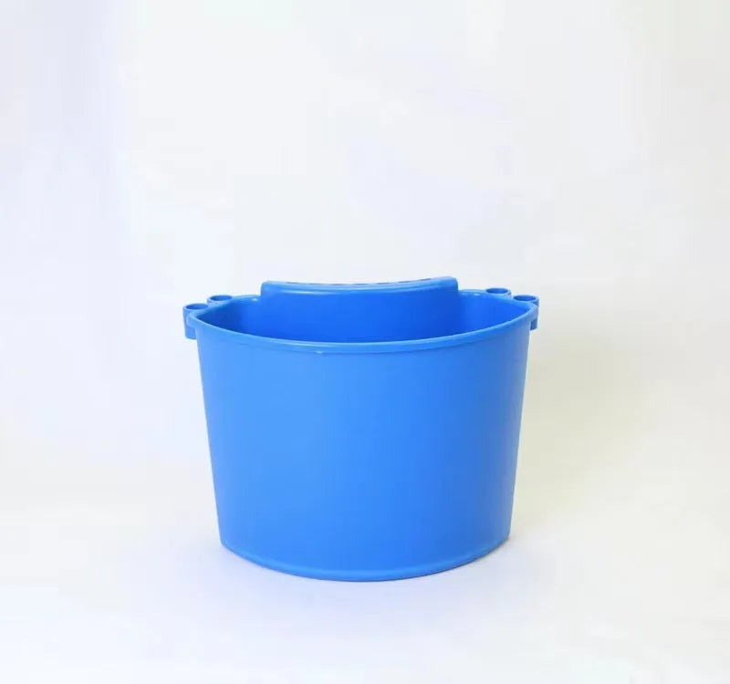 PP plastic car washing bucket shown in available colours: black, red, blue, and pink.