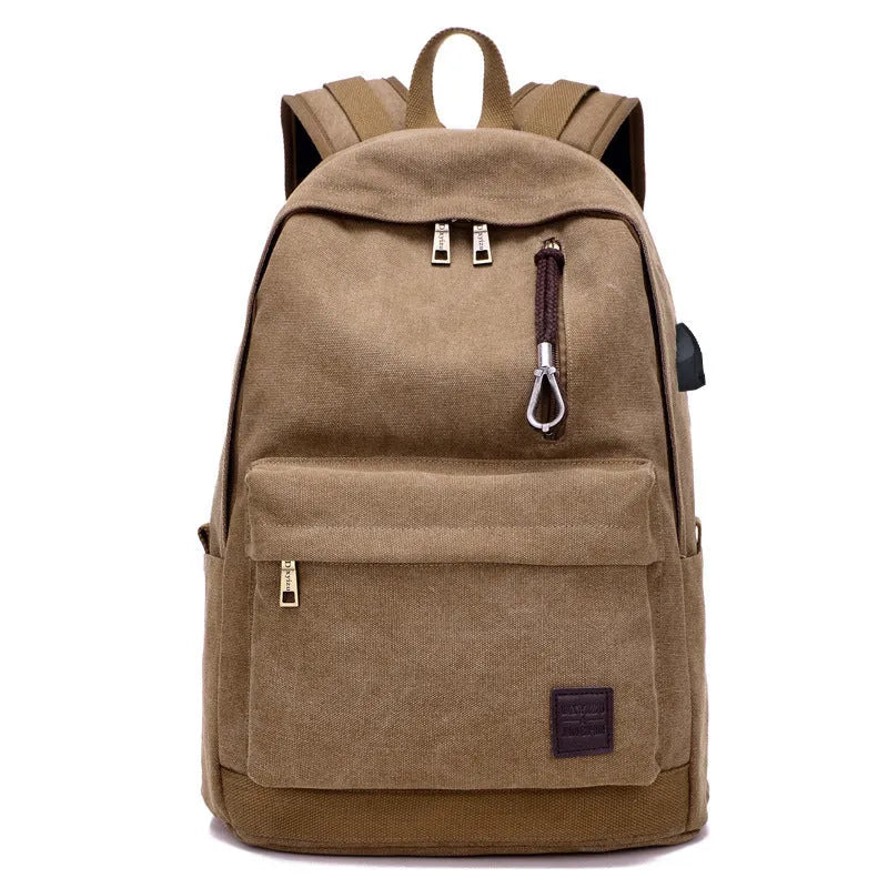 Canvas backpack with USB charging port and computer pocket in neutral colours