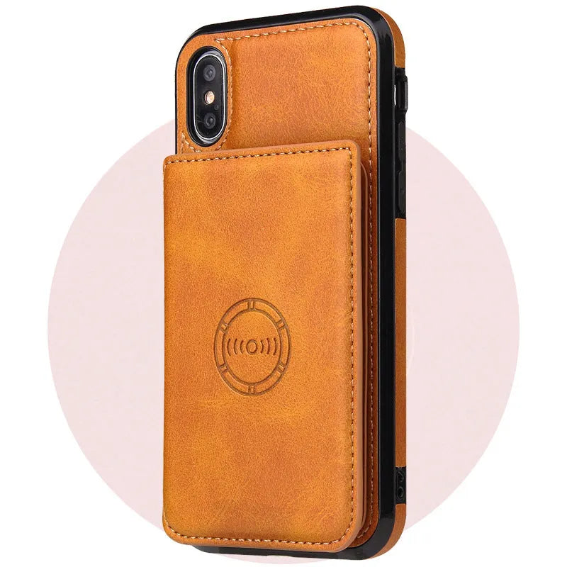 Imitation leather card wallet phone case for iPhone in solid colours showing card slots.