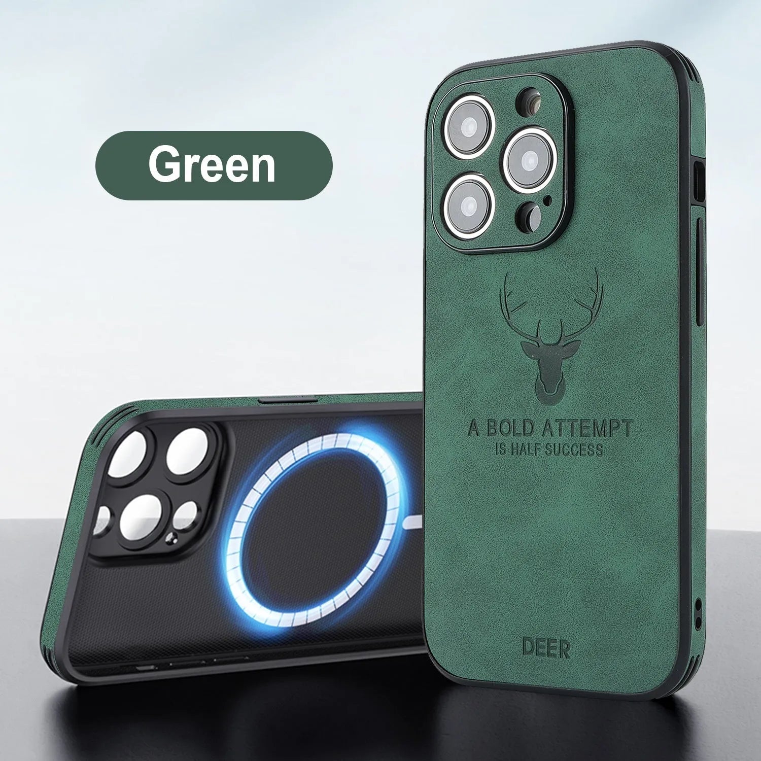 iPhone 16 series magnetic charging phone case with embossed brown moose head design on imitation leather.