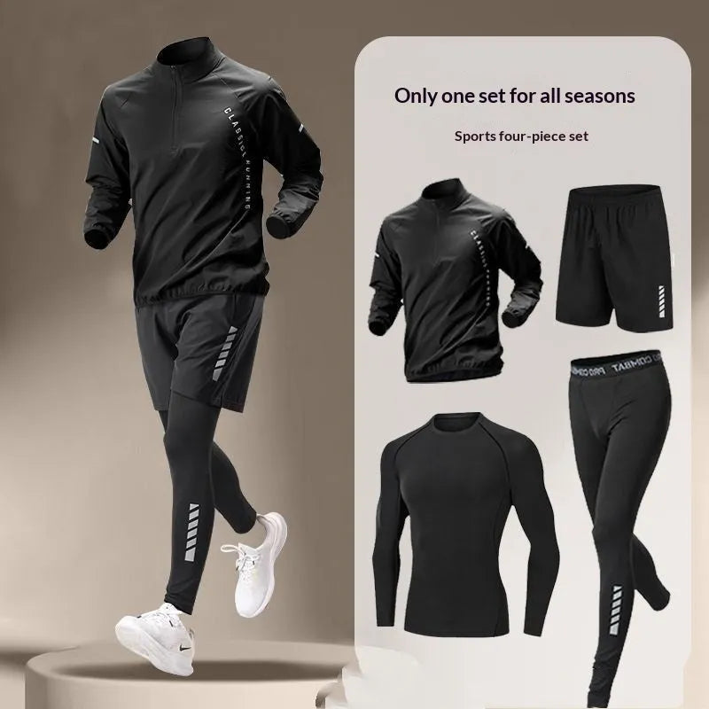 Men's black fitness set with long sleeve top, shorts, and long trousers in ice silk quick-dry polyester fabric