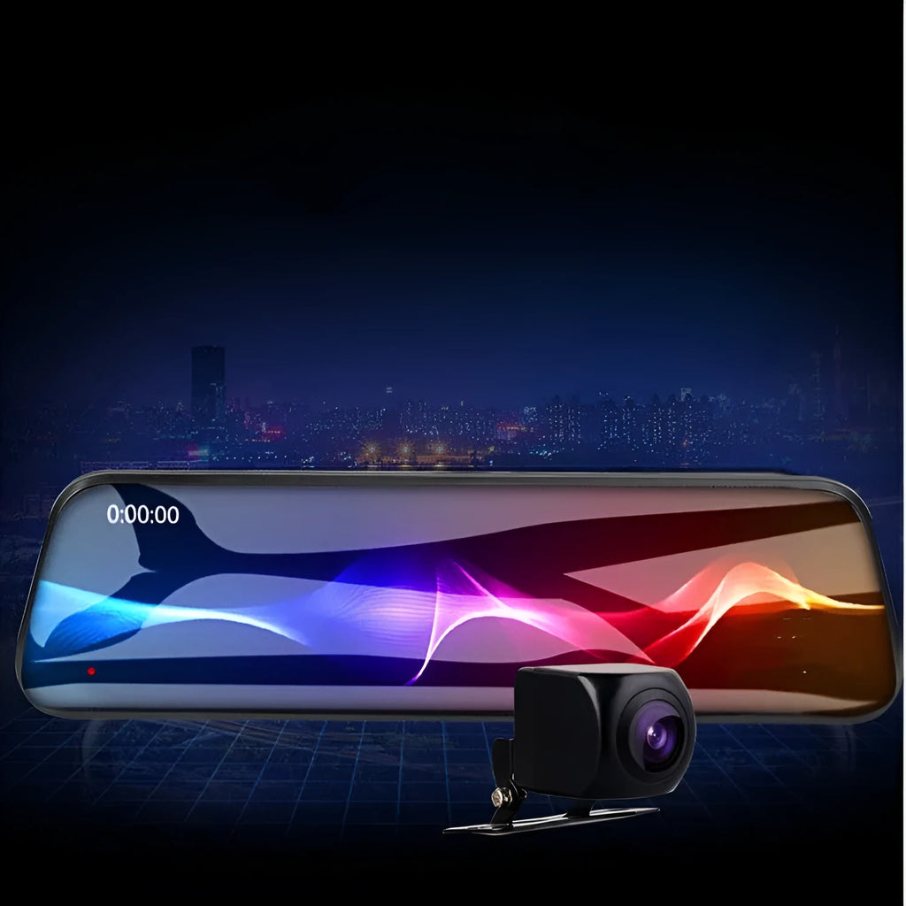 10-inch full-screen dash cam with front and rear dual lenses displaying road footage on its touchscreen