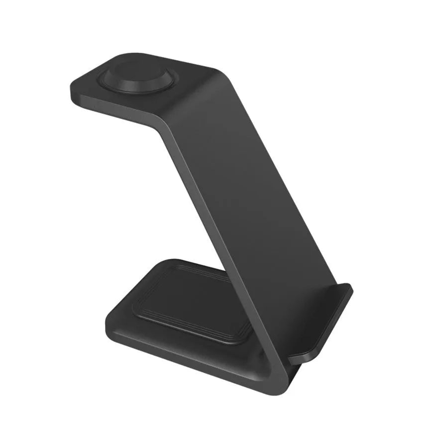 White upright wireless phone charger with dual coil design and phone in charging position