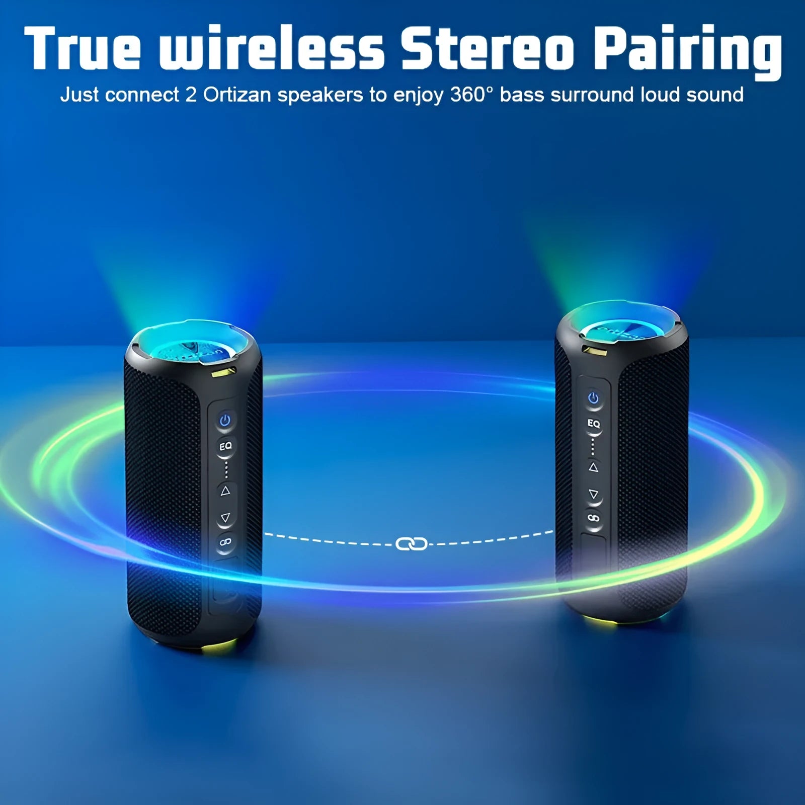 Black and blue fabric Bluetooth speaker with RGB lighting showing waterproof outdoor design