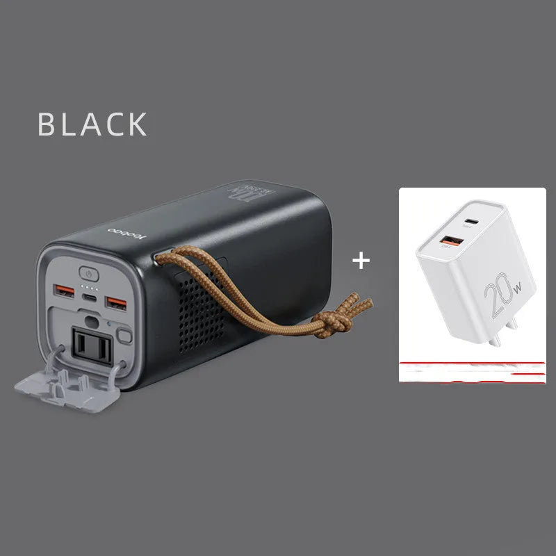Black portable power bank with 20000mAh capacity and solar panel for emergency outdoor charging.