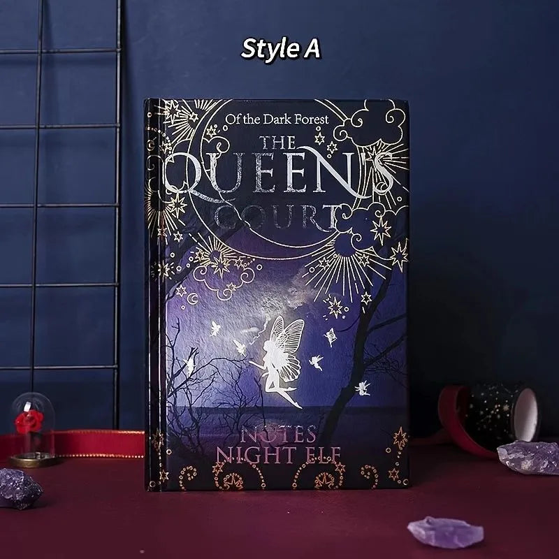 A5 luminous hardcover notebook with full-colour illustrated pages in blue or purple