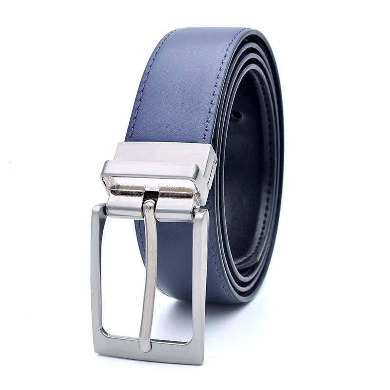 Men's brown and black genuine leather belt with a silver rotating pin buckle, shown on a flat surface.