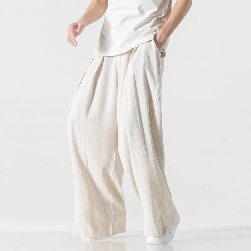 Men's linen straight casual trousers in beige, drawstring waist, crumple texture, full length view