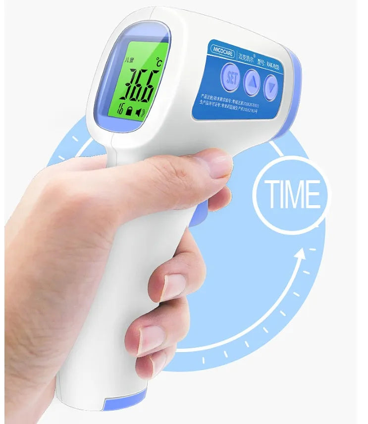 White RAK-FI03 infrared forehead thermometer held near a child's forehead showing non-contact measurement