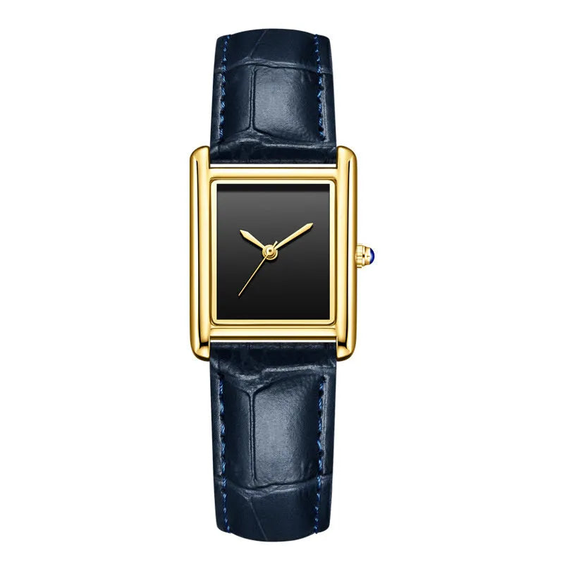 Couple leather watch with square dial, 7mm thickness, waterproof, in gold and black colour option on a white background