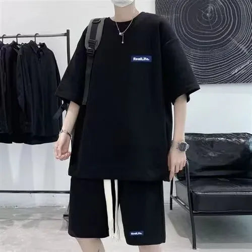 Cotton waffle knit leisure sports suit set with short sleeves and shorts in grey