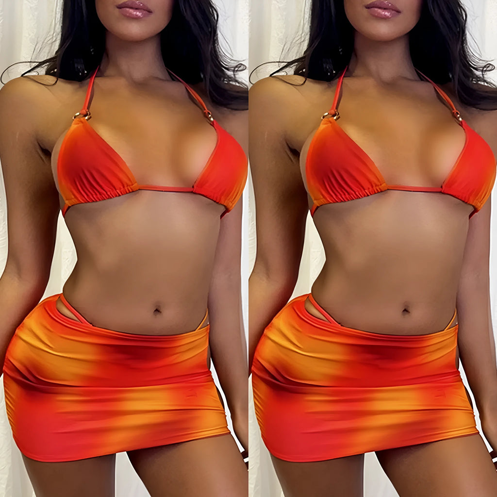 Tie-dye gradient three-piece halter bikini set with skirt