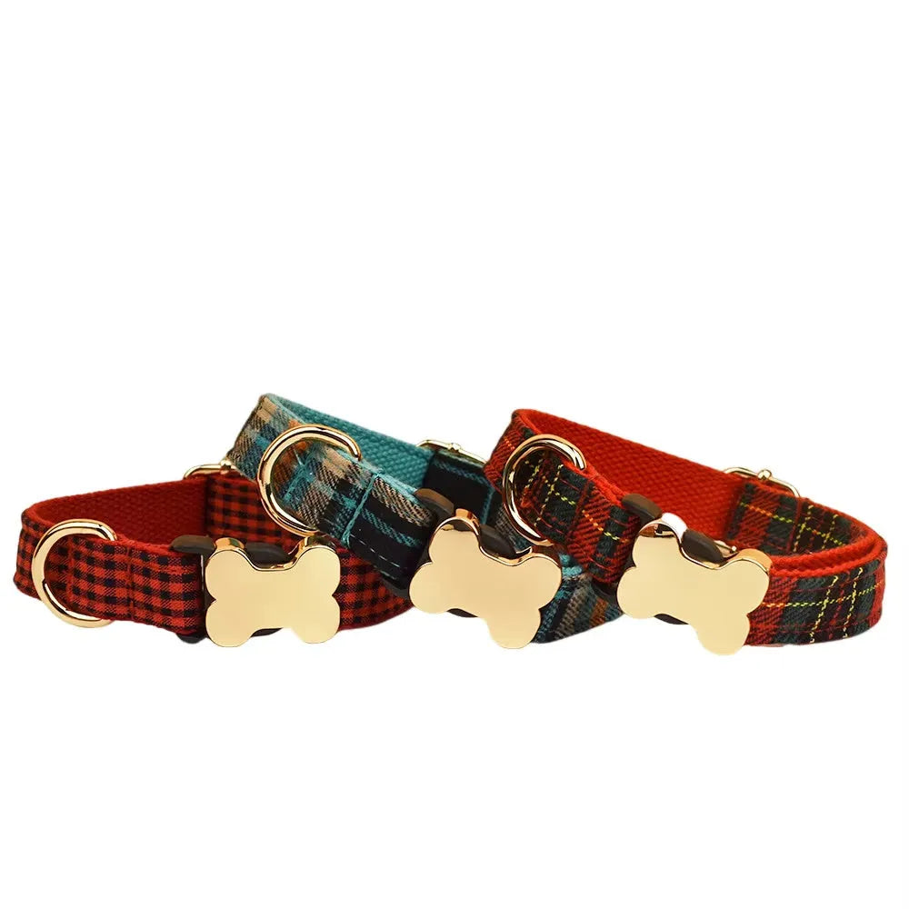 Nylon dog collar with printed grid pattern and metal bone buckle in multiple colour options
