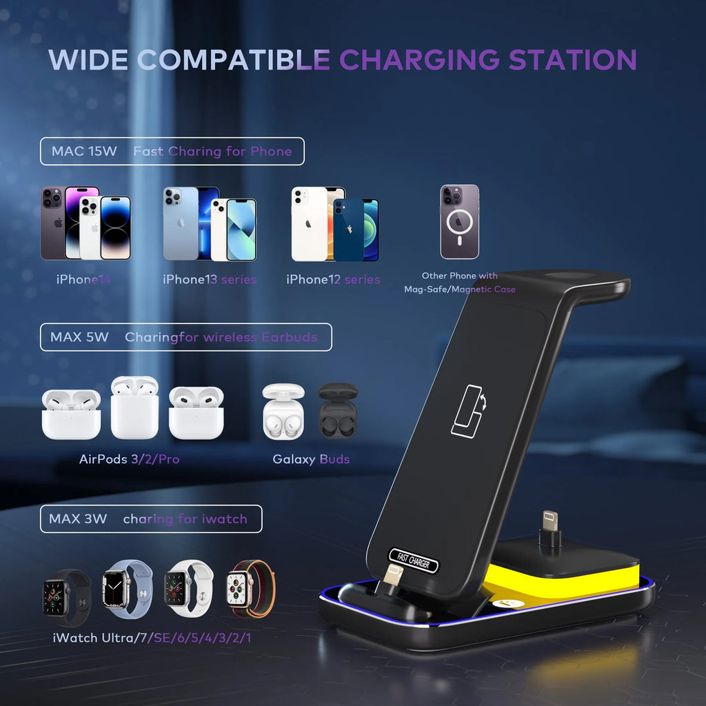 Black and white vertical wireless charging stand for mobile phones, watches, and headsets with 15W fast charging