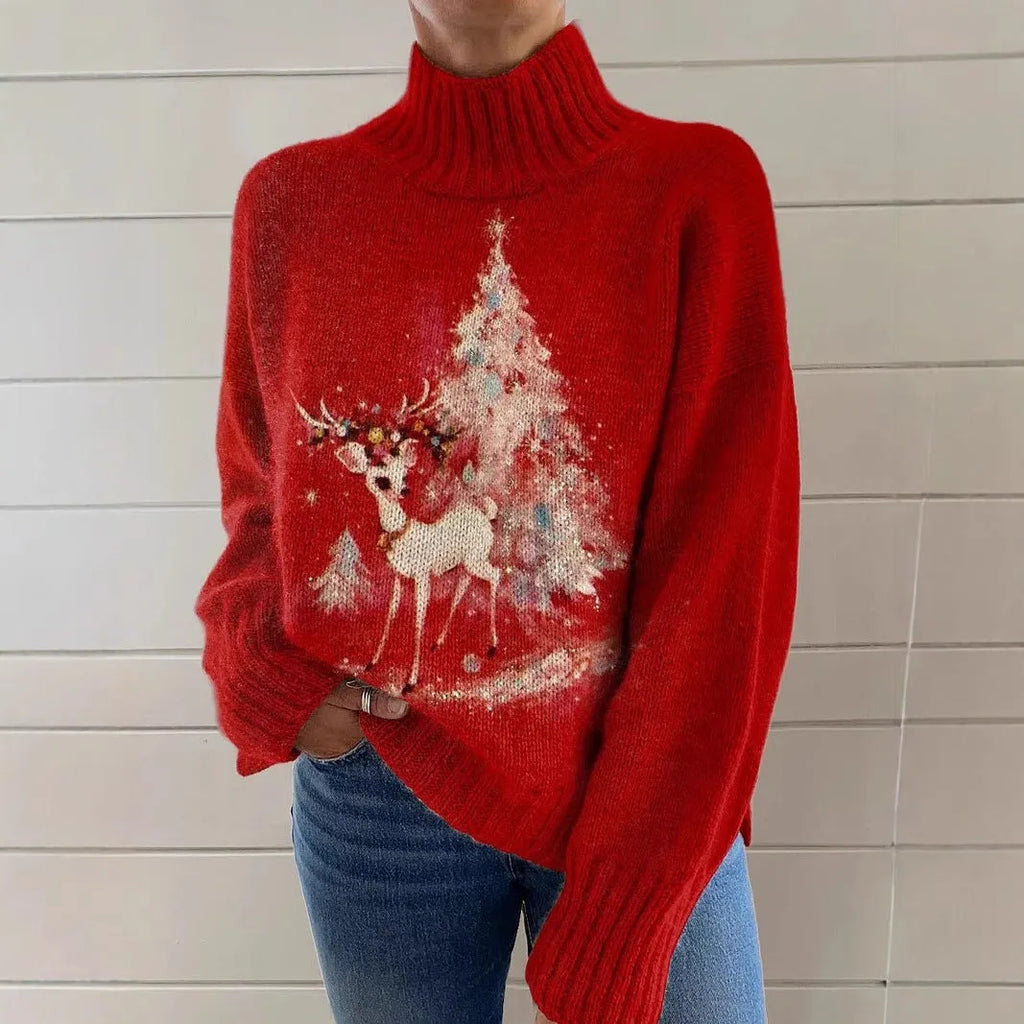 Women's loose fit Christmas printed turtleneck sweater in macaron colours with painting pattern design