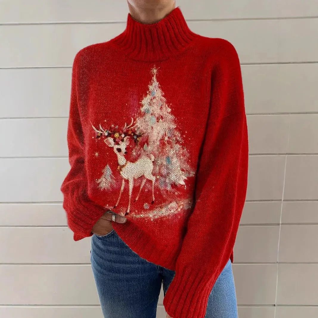 Women's loose fit Christmas printed turtleneck sweater in macaron colours with painting pattern design