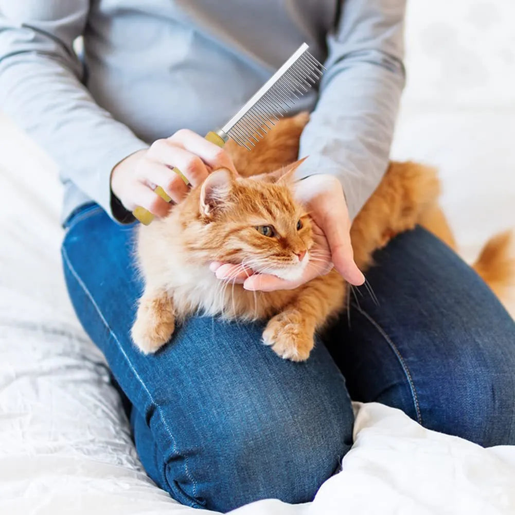 Wooden handled pet grooming comb with round-tipped teeth, shown next to a dog.