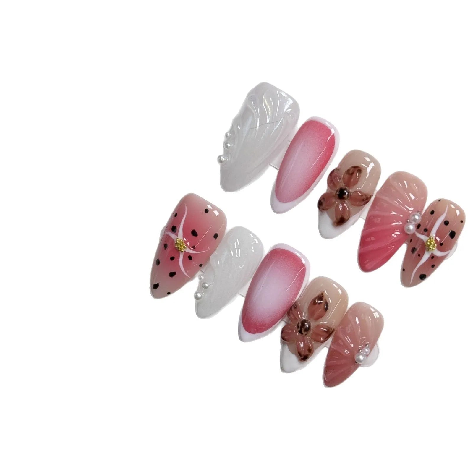Hand-painted 3D candy pattern false nail art patches in almond shape on a plastic set.