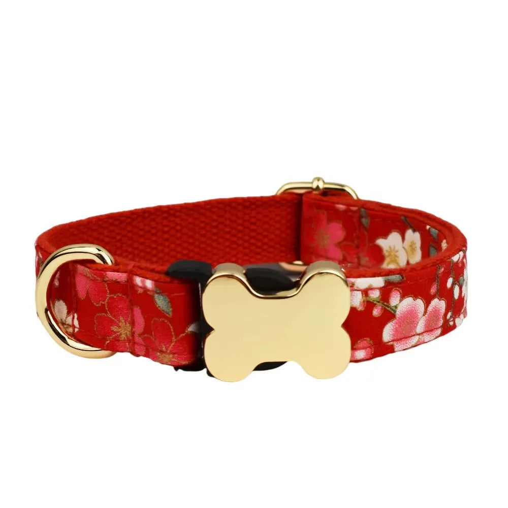 Nylon dog collar with printed grid pattern and metal bone buckle in multiple colour options