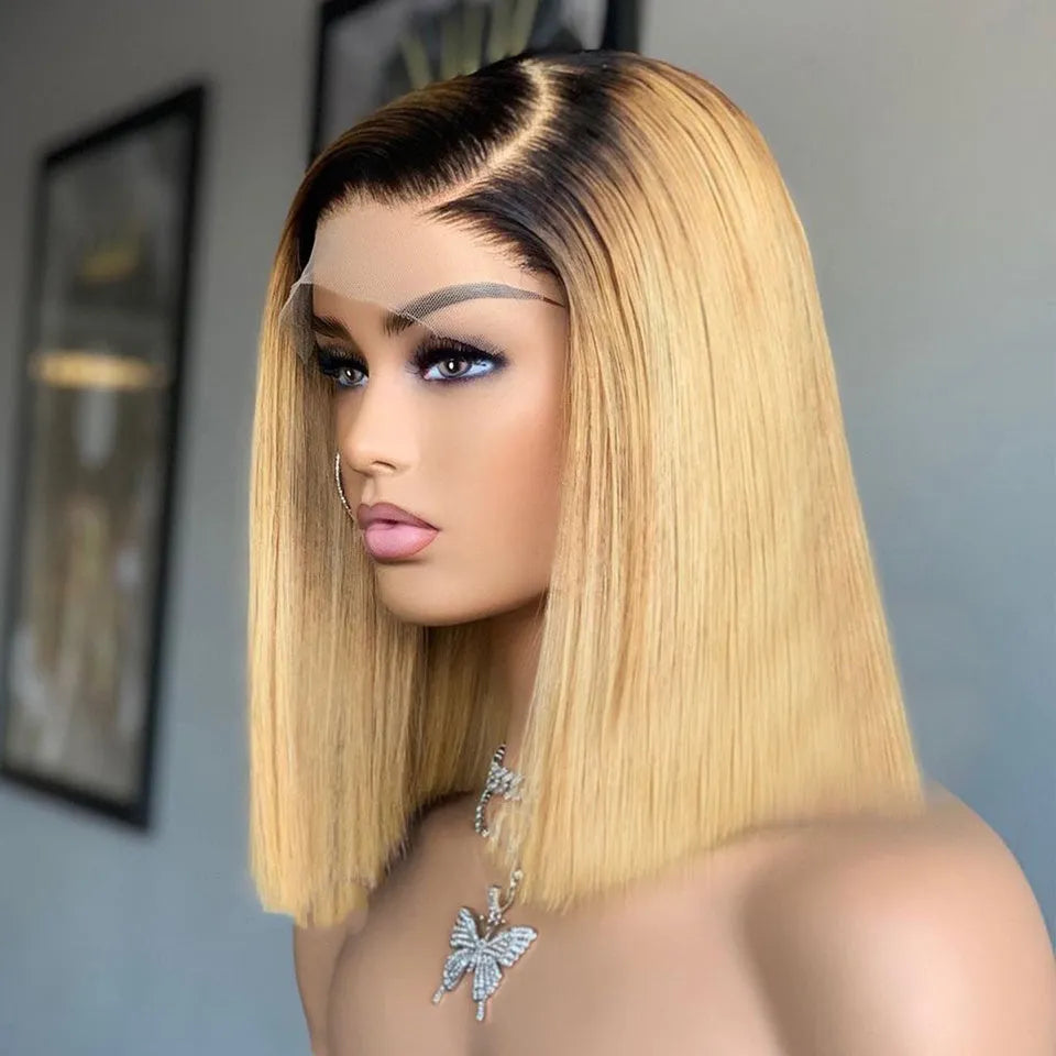 Ombre straight real human hair short bob wig with 180% density, 12 inch length, half lace front