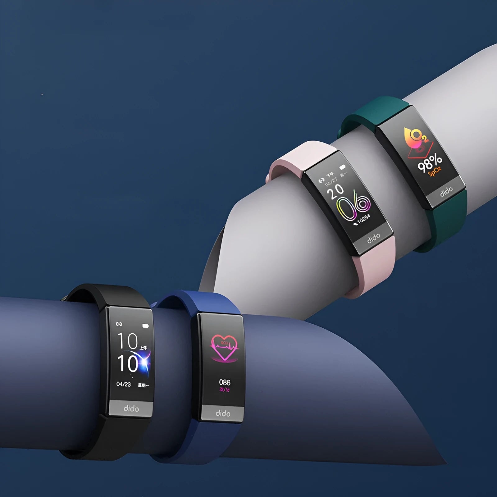 Black smart bracelet with 1.1-inch screen showing health metrics like heart rate and ECG, on a wrist.