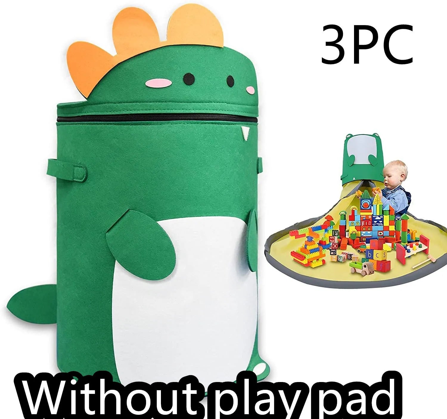 Green felt storage bag converted into a toy play mat with pull rope closure