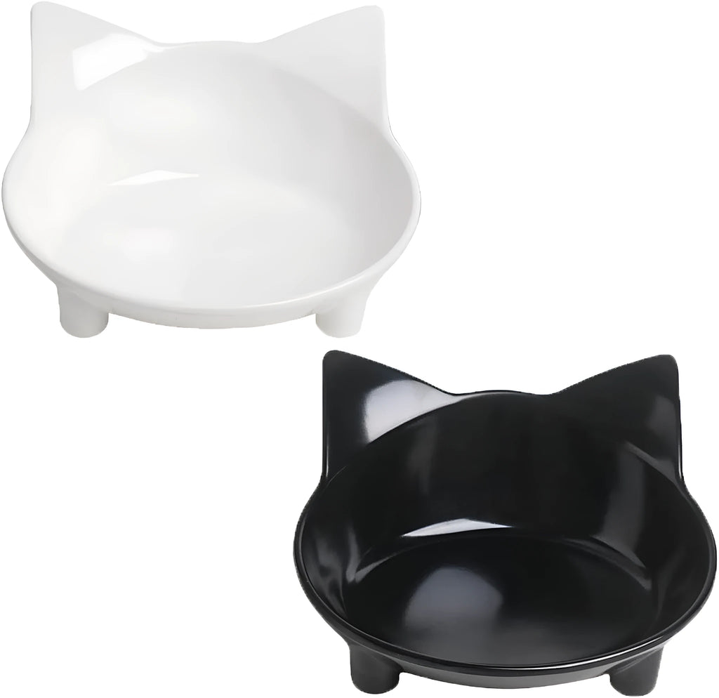 White shallow melamine cat bowl with non-slip rubber base on a wooden table.