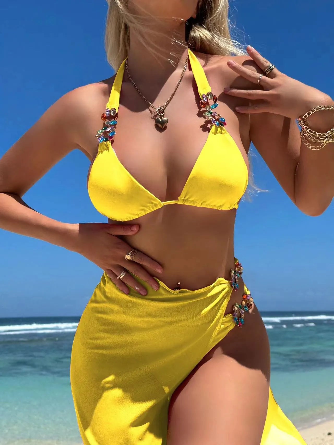 Light diamond mesh three piece swimsuit bikini with long skirt in Rose Red or Yellow