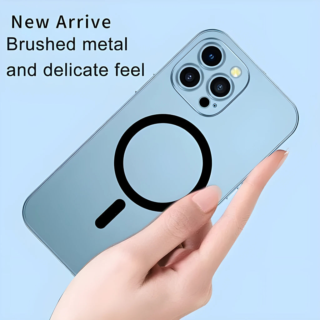 Aluminium alloy frame iPhone protective case with magnetic suction function shown in dark purple colour