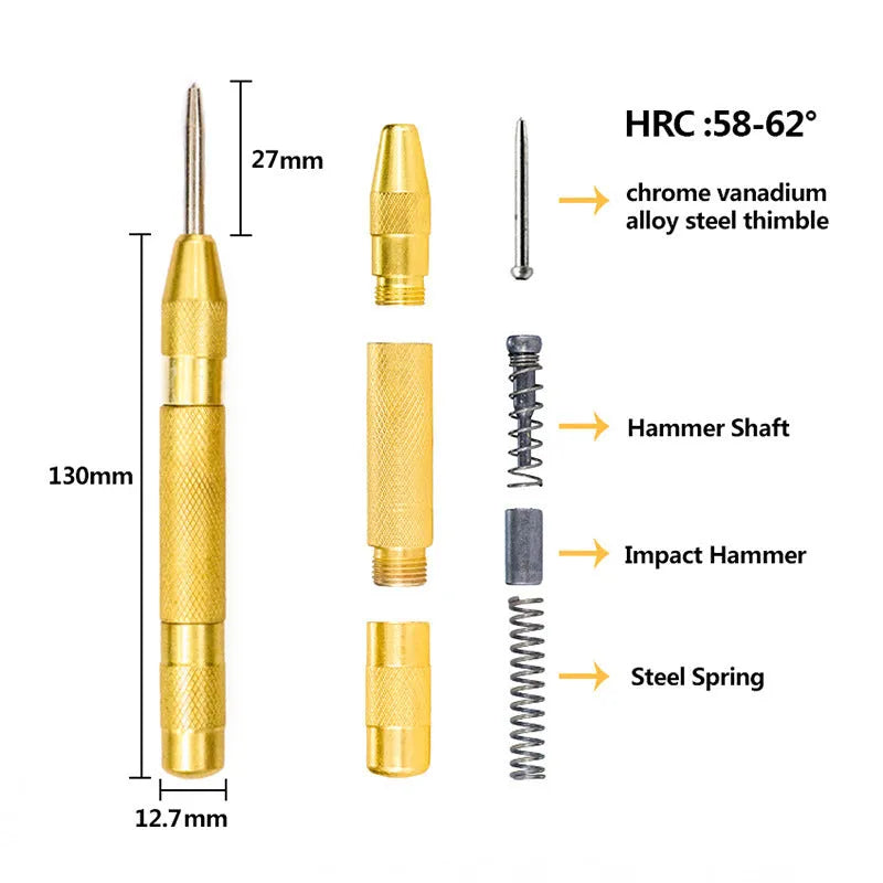 High-speed steel cone step drill bits and a centre punch set on a workshop bench