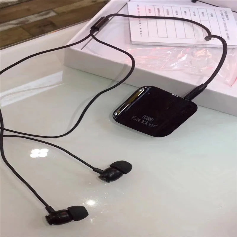 Black Bluetooth audio receiver headset with lavalier microphone for wireless calls and music