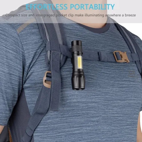 Mini telescopic aluminium alloy LED flashlight with adjustable focus and pocket clip