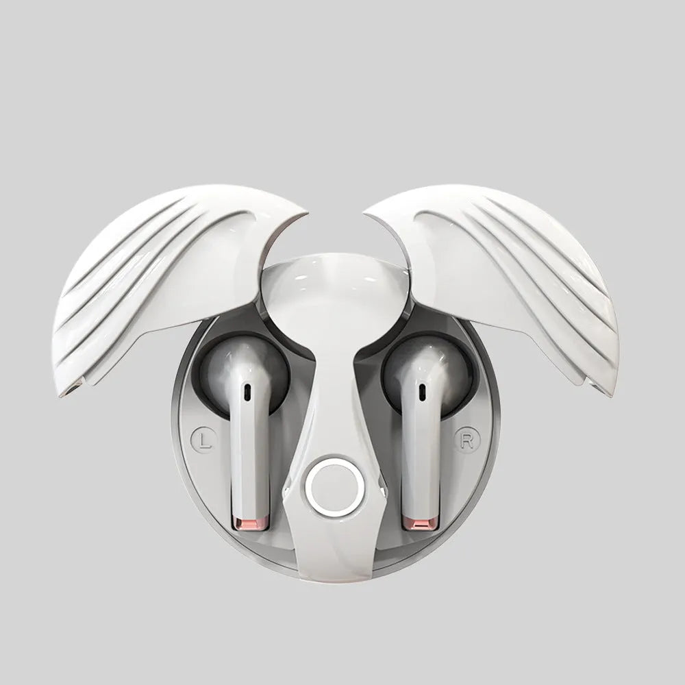 Gaming TWS true wireless Bluetooth headset with noise cancelling in black charging case, side view