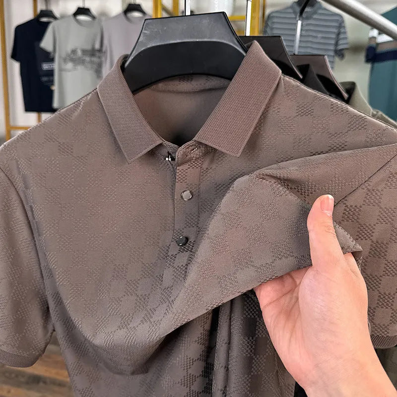 Black thin ice silk T-shirt with a rhombus pattern, short sleeves, and a side slit hem detail.
