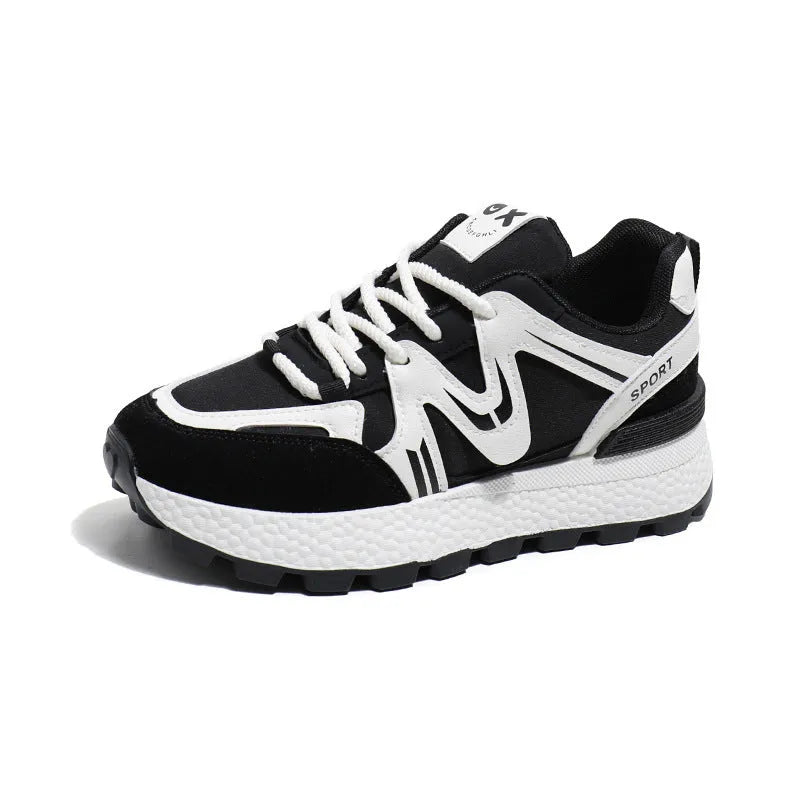 Women's black platform sports casual shoes with lace-up front and round toe.