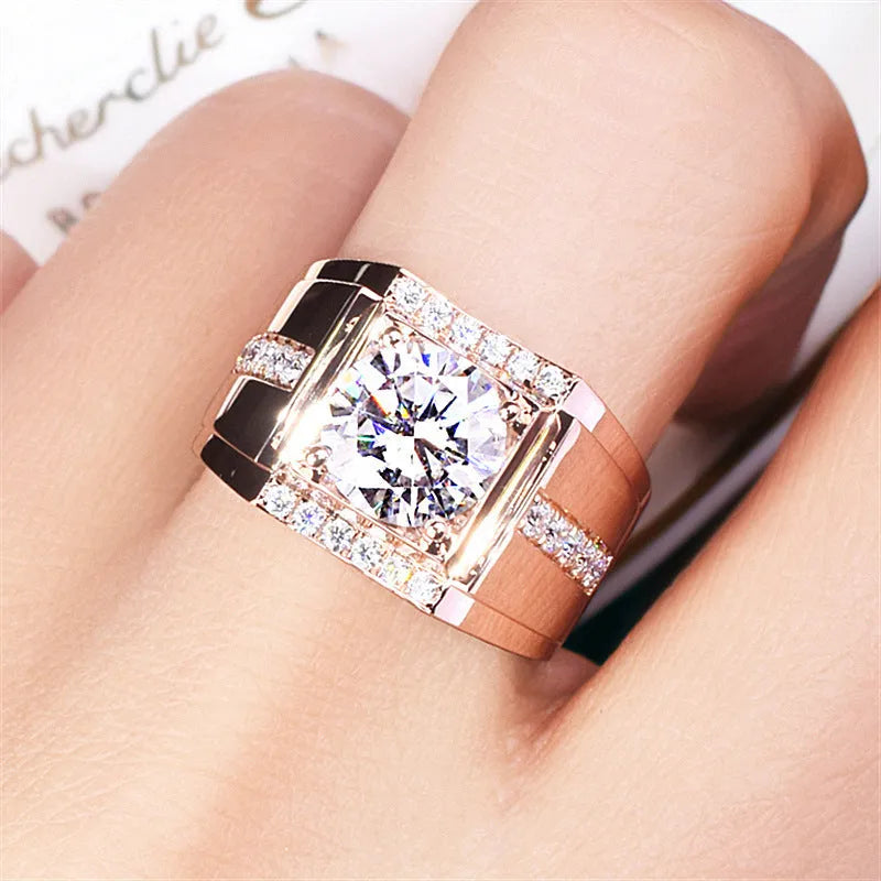 Men's geometric imitation moissanite ring with an adjustable open mouth band in a rose gold finish.