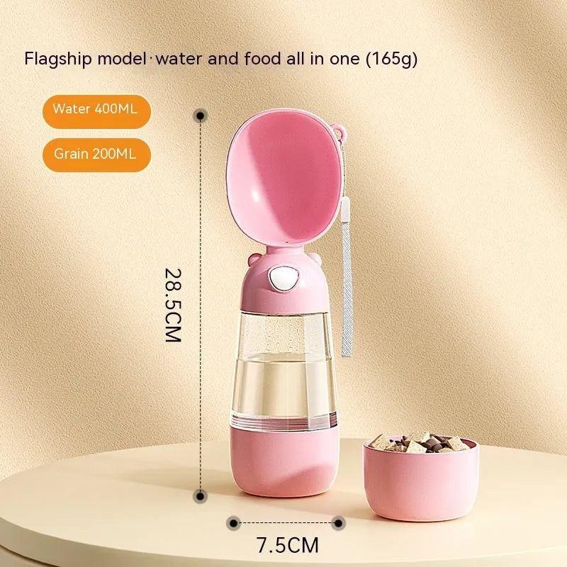 Portable dog water bottle with attached bowl in yellow, pink and brown colour options