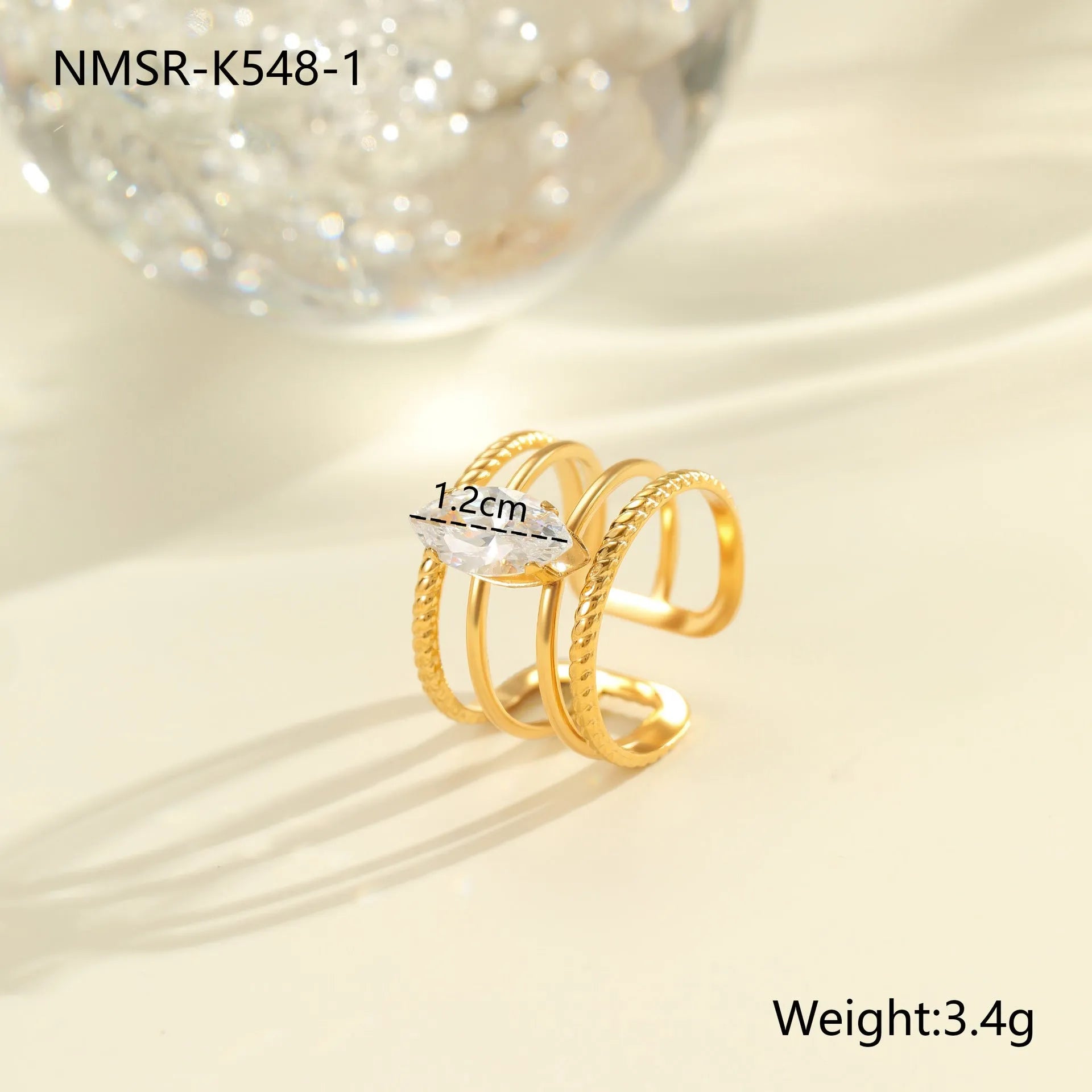Stainless steel women's ring with gold electroplating and zircon details in geometry design