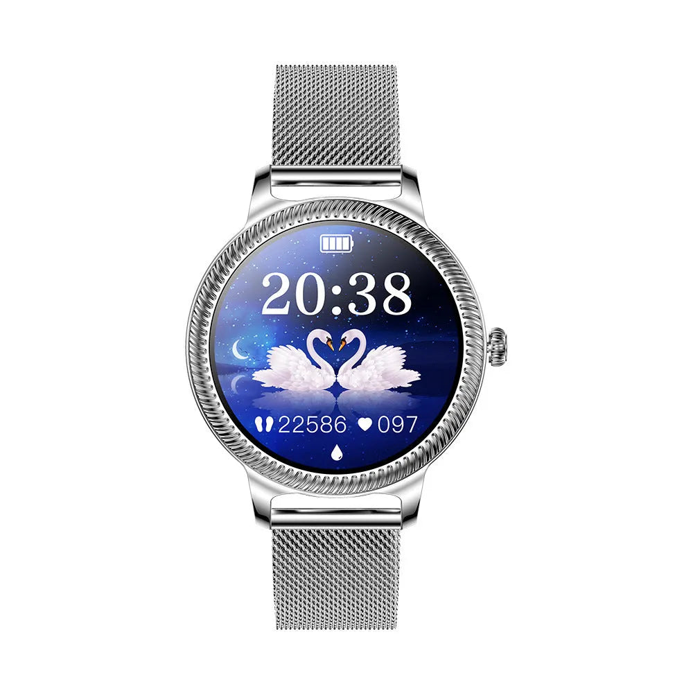 AK38 ladies smart watch with stainless steel Milanese band and 1.09-inch colour screen displaying time