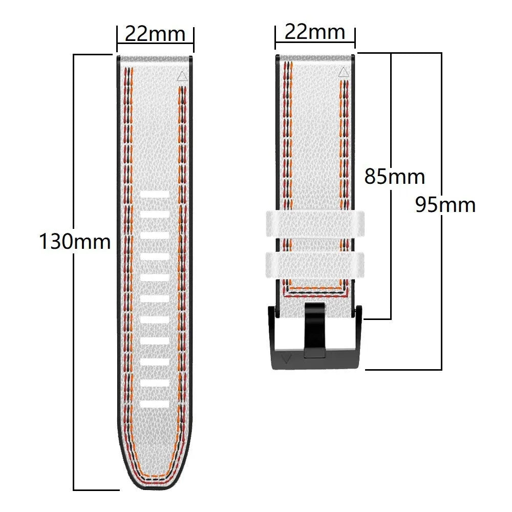 Quick release silicone leather watchband for Garmin Fenix watches in black, brown, light brown, or white.
