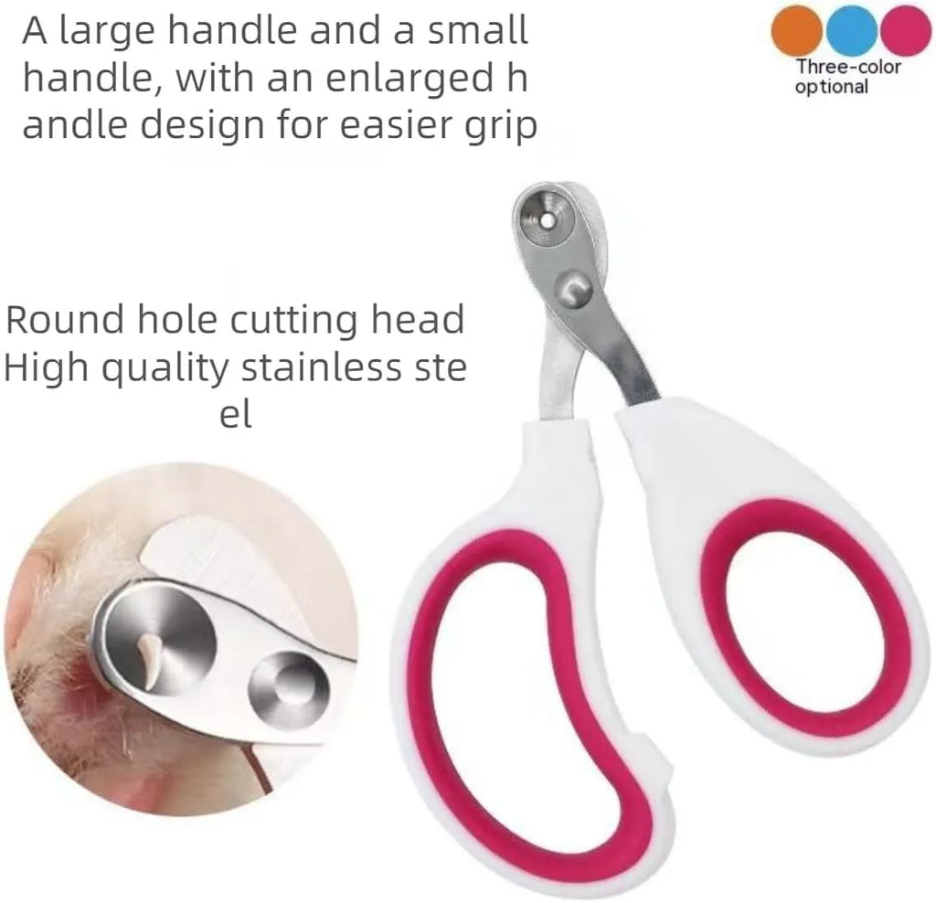 Blue cat nail clippers with a circular guide hole and non-slip handle on a white background.