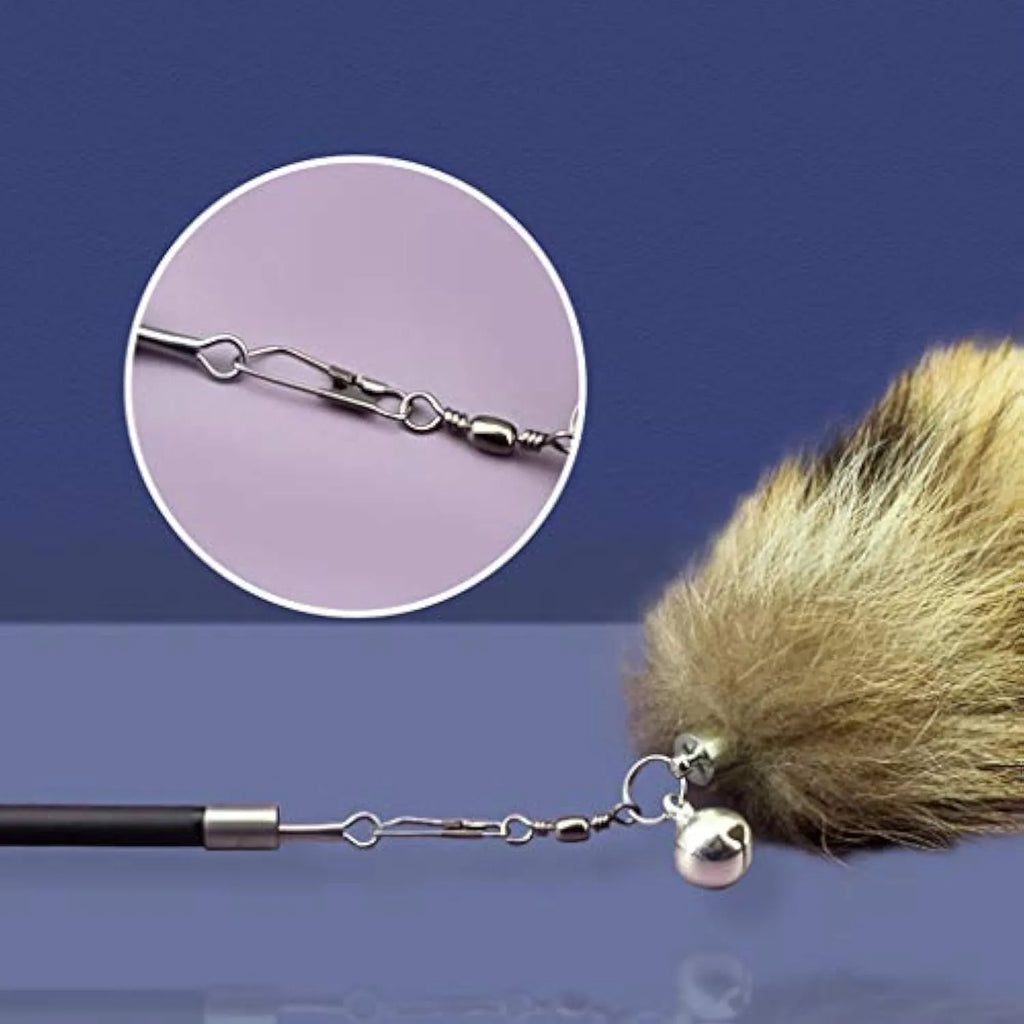 Black cat toy wand with feather teaser on elastic string measuring 42cm