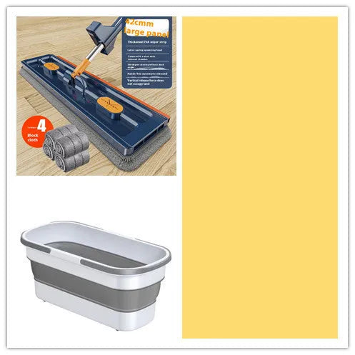 Large flat mop with stainless steel handle and blue cleaning cloths showing 360-degree rotating head