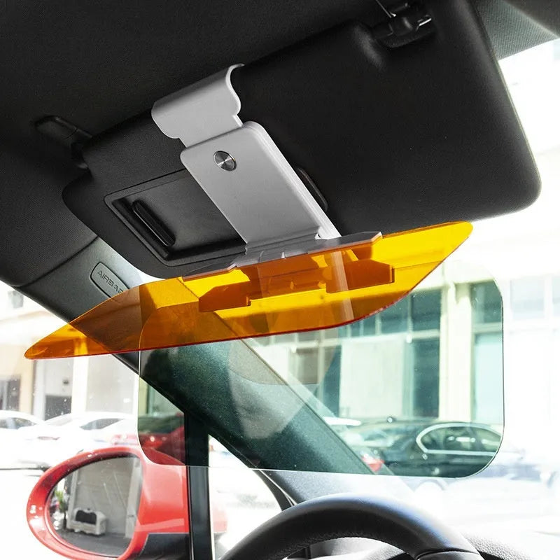 Dual-function car sun visor with anti-high beam goggles and telescopic installation system