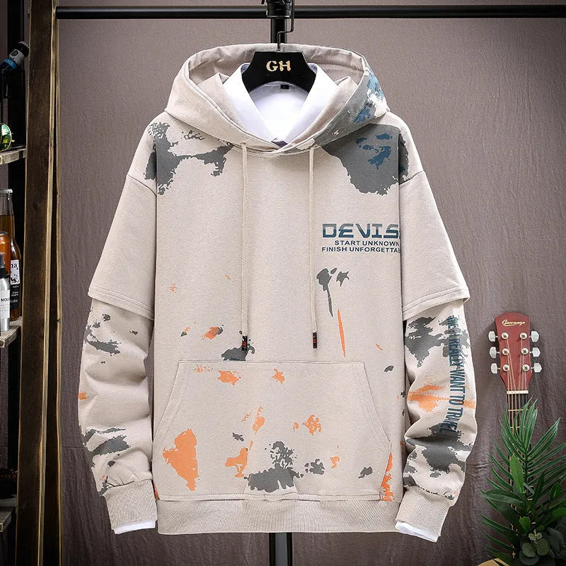 Men's printed kangaroo pocket hooded sweater suit in blue, cotton fabric, front view