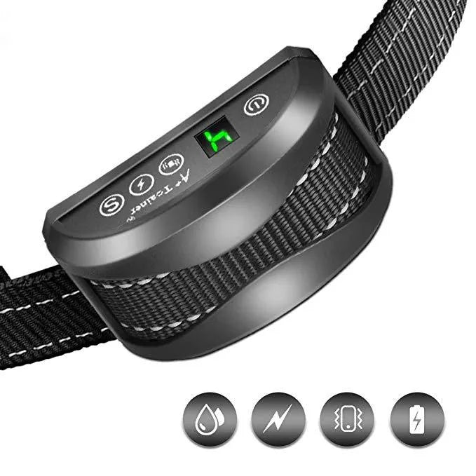 Digital anti-barking training collar with display screen on adjustable black strap for dogs